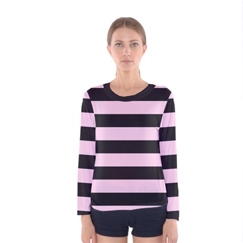 Black And Light Pastel Pink Large Stripes Goth Mime French Style Women s Long Sleeve Tee by genx