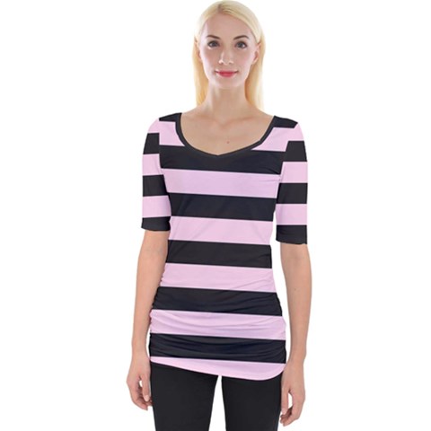 Black And Light Pastel Pink Large Stripes Goth Mime French Style Wide Neckline Tee by genx