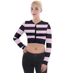 Black And Light Pastel Pink Large Stripes Goth Mime French Style Long Sleeve Cropped Velvet Jacket