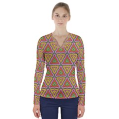 Colorful Geometric Pattern V-neck Long Sleeve Top