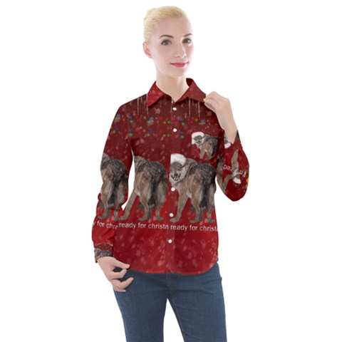 I m Ready For Christmas, Funny Wolf Women s Long Sleeve Pocket Shirt by FantasyWorld7
