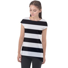 Black And White Large Stripes Goth Mime French Style Cap Sleeve High Low Top by genx