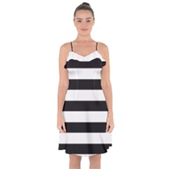 Black And White Large Stripes Goth Mime French Style Ruffle Detail Chiffon Dress by genx