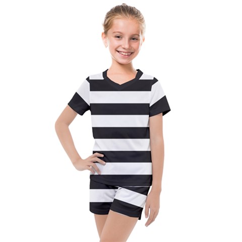 Black And White Large Stripes Goth Mime French Style Kids  Mesh Tee And Shorts Set by genx