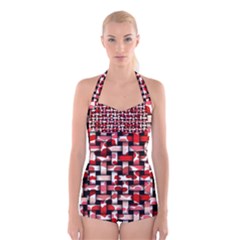 Background Red Summary Boyleg Halter Swimsuit 