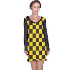 Checkerboard Pattern Black and Yellow Ancap Libertarian Long Sleeve Nightdress