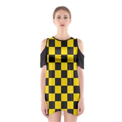 Checkerboard Pattern Black and Yellow Ancap Libertarian Shoulder Cutout One Piece Dress