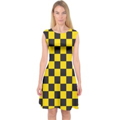 Checkerboard Pattern Black and Yellow Ancap Libertarian Capsleeve Midi Dress