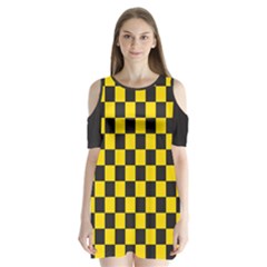 Checkerboard Pattern Black and Yellow Ancap Libertarian Shoulder Cutout Velvet One Piece