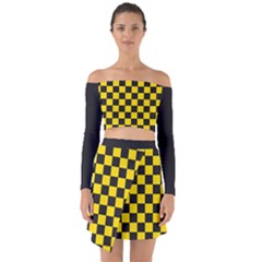 Checkerboard Pattern Black and Yellow Ancap Libertarian Off Shoulder Top with Skirt Set