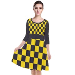 Checkerboard Pattern Black and Yellow Ancap Libertarian Quarter Sleeve Waist Band Dress
