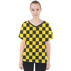 Checkerboard Pattern Black And Yellow Ancap Libertarian V-neck Dolman Drape Top by snek