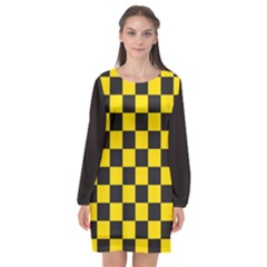 Checkerboard Pattern Black and Yellow Ancap Libertarian Long Sleeve Chiffon Shift Dress 