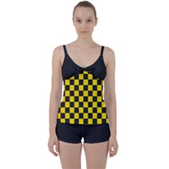 Checkerboard Pattern Black And Yellow Ancap Libertarian Tie Front Two Piece Tankini by snek