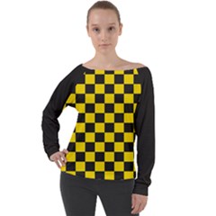 Checkerboard Pattern Black and Yellow Ancap Libertarian Off Shoulder Long Sleeve Velour Top