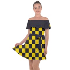 Checkerboard Pattern Black and Yellow Ancap Libertarian Off Shoulder Velour Dress