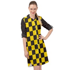 Checkerboard Pattern Black and Yellow Ancap Libertarian Long Sleeve Mini Shirt Dress