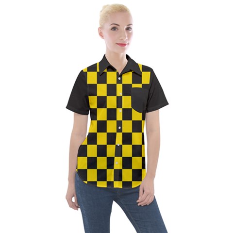 Checkerboard Pattern Black And Yellow Ancap Libertarian Women s Short Sleeve Pocket Shirt by snek