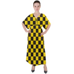 Checkerboard Pattern Black and Yellow Ancap Libertarian V-Neck Boho Style Maxi Dress