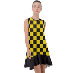 Checkerboard Pattern Black and Yellow Ancap Libertarian Frill Swing Dress