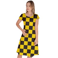 Checkerboard Pattern Black and Yellow Ancap Libertarian Classic Short Sleeve Dress