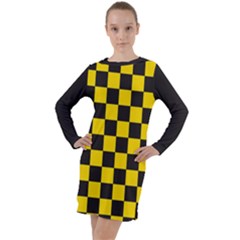 Checkerboard Pattern Black And Yellow Ancap Libertarian Long Sleeve Hoodie Dress by snek