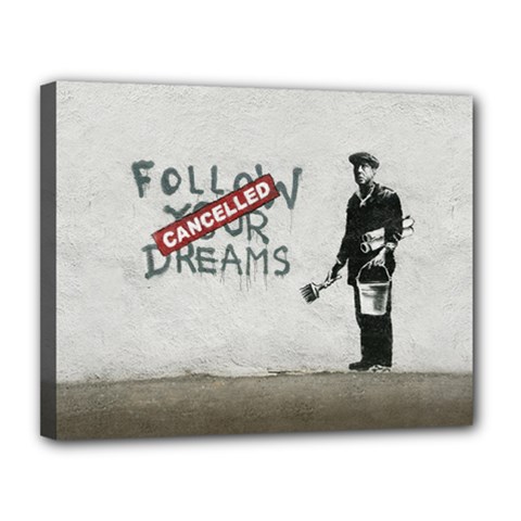 Banksy Graffiti Original Quote Follow Your Dreams Cancelled Cynical With Painter Canvas 14  X 11  (stretched) by snek