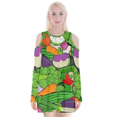 Vegetables Bell Pepper Broccoli Velvet Long Sleeve Shoulder Cutout Dress by HermanTelo