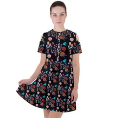 Retro Girls Dress In Black Pattern Black Short Sleeve Shoulder Cut Out Dress  by snowwhitegirl