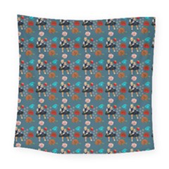 Retro Girls Dress In Black Pattern Blue Teal Square Tapestry (large)
