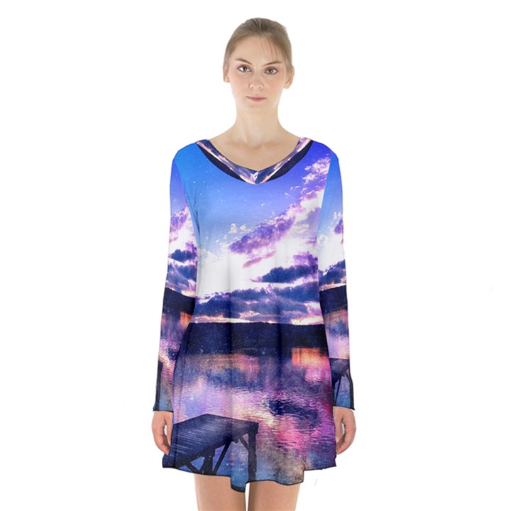 Photo Coucher du soleil Effet Galaxy Long Sleeve Velvet V-neck Dress