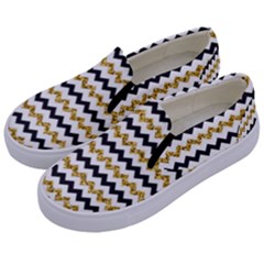 Black And Gold Glitters Zigzag Retro Pattern Golden Metallic Texture Kids  Canvas Slip Ons by genx