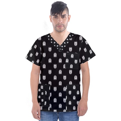 Sketchy Cartoon Ghost Drawing Motif Pattern Men s V-neck Scrub Top by dflcprintsclothing