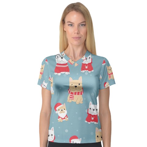 Cute French Bulldog Puppy Dog Christmas Costume Seamless Pattern V-neck Sport Mesh Tee by Vaneshart