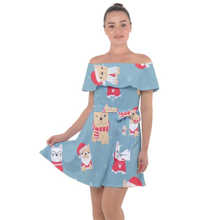 Cute French Bulldog Puppy Dog Christmas Costume Seamless Pattern Off Shoulder Velour Dress