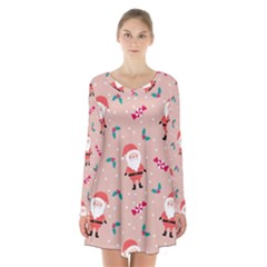 Cute Christmas Santa Seamless Pattern Long Sleeve Velvet V-neck Dress