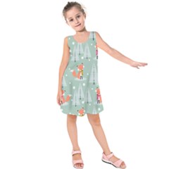 Cute Fox Christmas Winter Seamless Pattern Kids  Sleeveless Dress