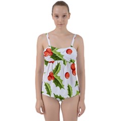 Christmas Holly Berry Seamless Pattern Twist Front Tankini Set by Vaneshart