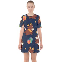 Colorful Funny Christmas Pattern Sixties Short Sleeve Mini Dress