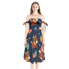 Colorful Funny Christmas Pattern Shoulder Tie Bardot Midi Dress