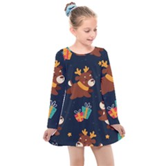 Colorful Funny Christmas Pattern Kids  Long Sleeve Dress