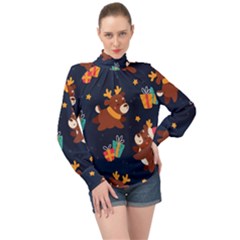 Colorful Funny Christmas Pattern High Neck Long Sleeve Chiffon Top