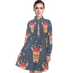 Cute Deer Heads Seamless Pattern Christmas Long Sleeve Chiffon Shirt Dress by Vaneshart