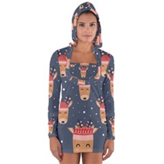 Cute Deer Heads Seamless Pattern Christmas Long Sleeve Hooded T-shirt by Vaneshart