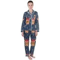 Cute Deer Heads Seamless Pattern Christmas Satin Long Sleeve Pyjamas Set by Vaneshart