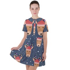 Cute Deer Heads Seamless Pattern Christmas Short Sleeve Shoulder Cut Out Dress  by Vaneshart