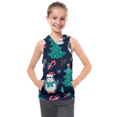 Colorful Funny Christmas Pattern Kids  Sleeveless Hoodie by Vaneshart