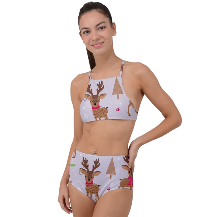 Christmas Seamless Pattern With Reindeer High Waist Tankini Set