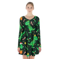 Christmas Funny Pattern Dinosaurs Long Sleeve Velvet V-neck Dress