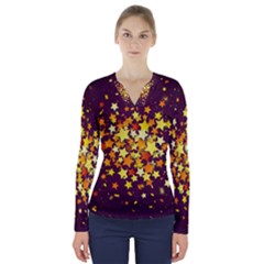 Colorful Confetti Stars Paper Particles Scattering Randomly Dark Background With Explosion Golden St V-neck Long Sleeve Top by Vaneshart